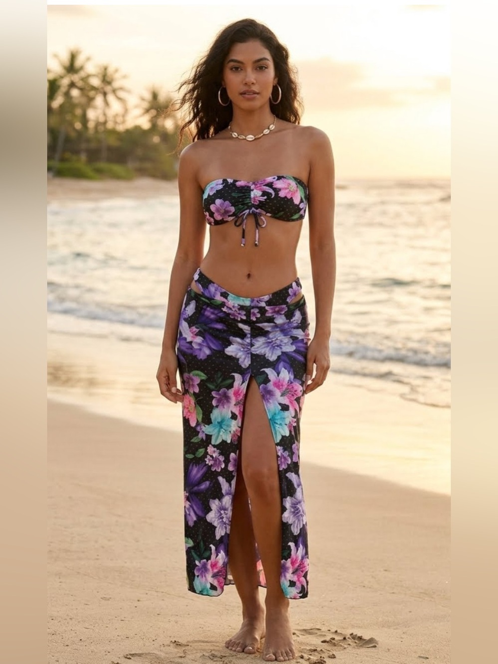 Floral Bandeau Three-Piece Set in Black with Multicolor Flowers